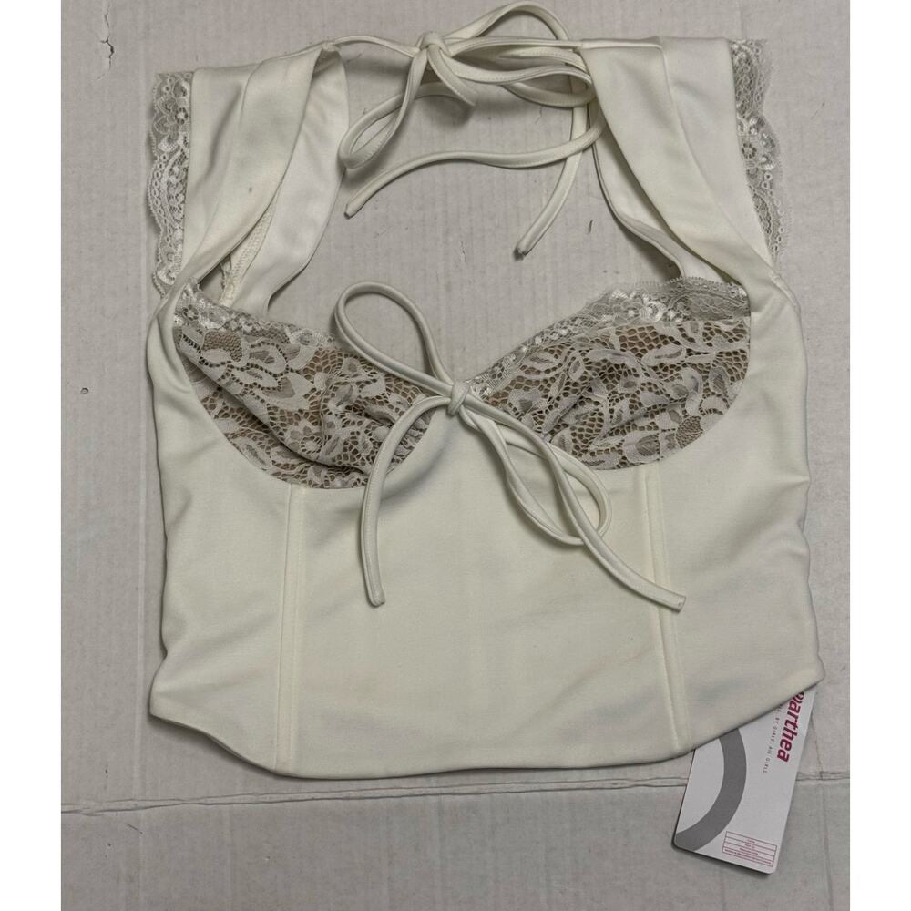 Marthea Women's Blouse Ivory Bustier Blouse size Small Open Back ‎ NEW